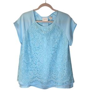Chico’s Delicate Lace Darlin SS Fashion Basic Top Aria Aqua Blue Size 2 (L/12)